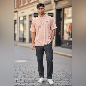 Under Armour Men's Heat Gear, Pastel Orange Striped Polo Shirt, Size 3XL